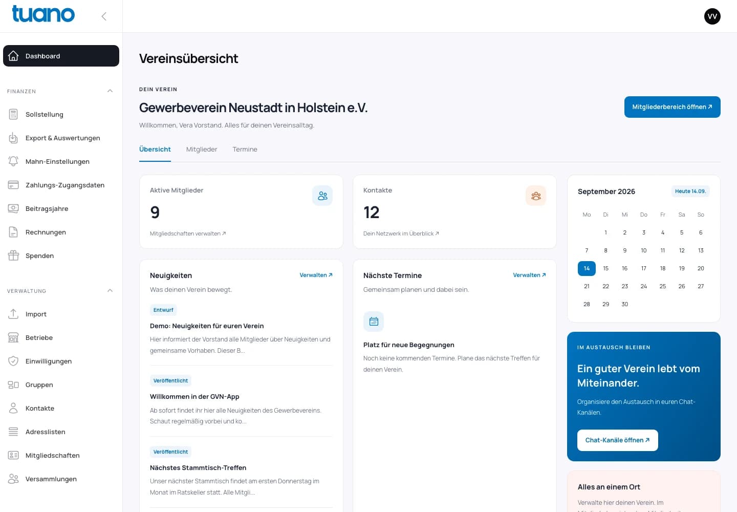 Tuano Vereinsverwaltung: Mitgliederzahlen, News, kommende Termine und Kalender in einer gemeinsamen Übersicht